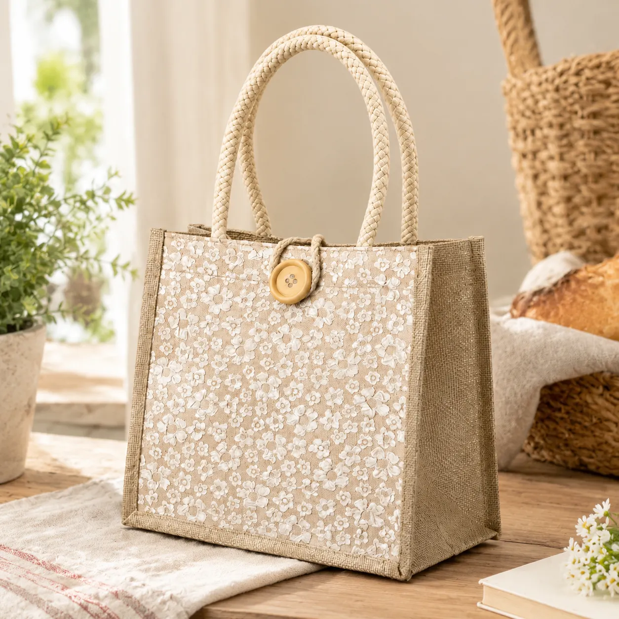 Floral Linen Wooden-Button Tote