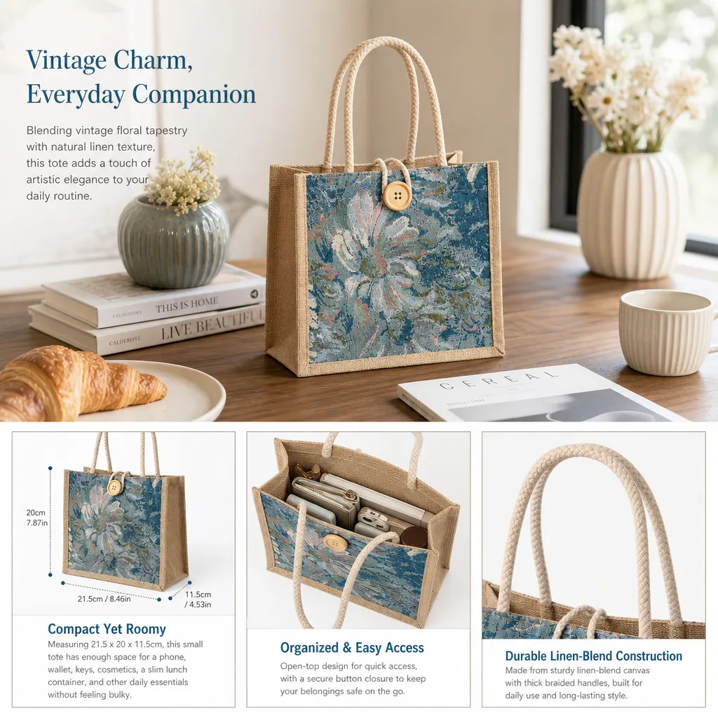 Floral Linen Rope-Handle Tote