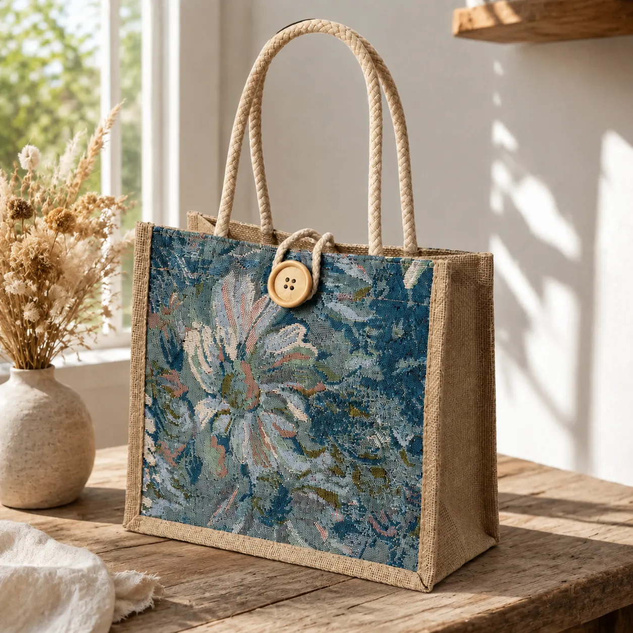 Floral Linen Rope-Handle Tote styled scene