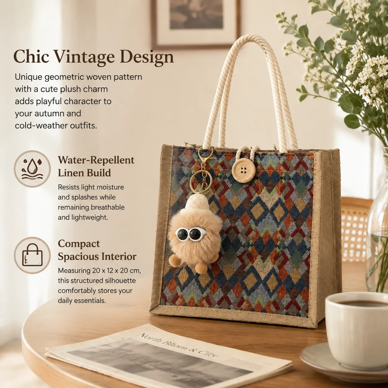 Vintage Geometric Linen Tote
