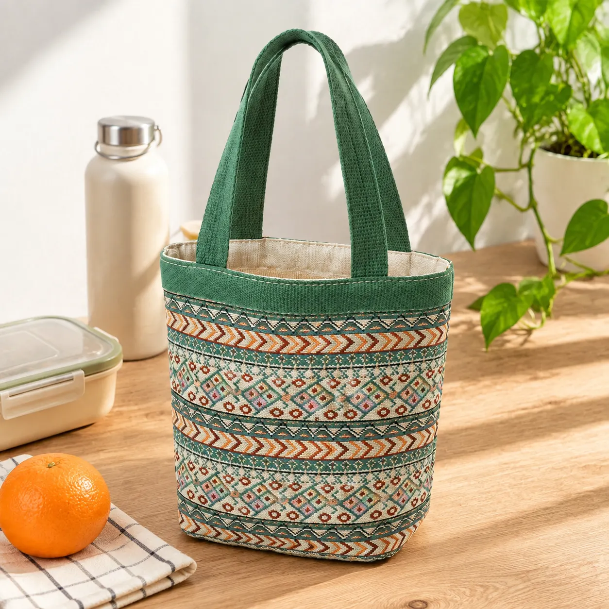 Handcrafted Jacquard Bucket Tote styled scene