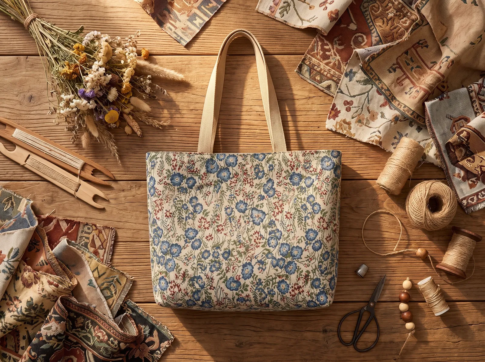 Flat-lay of a floral tote bag on the studio worktable with fabric swatches, twine and scissors