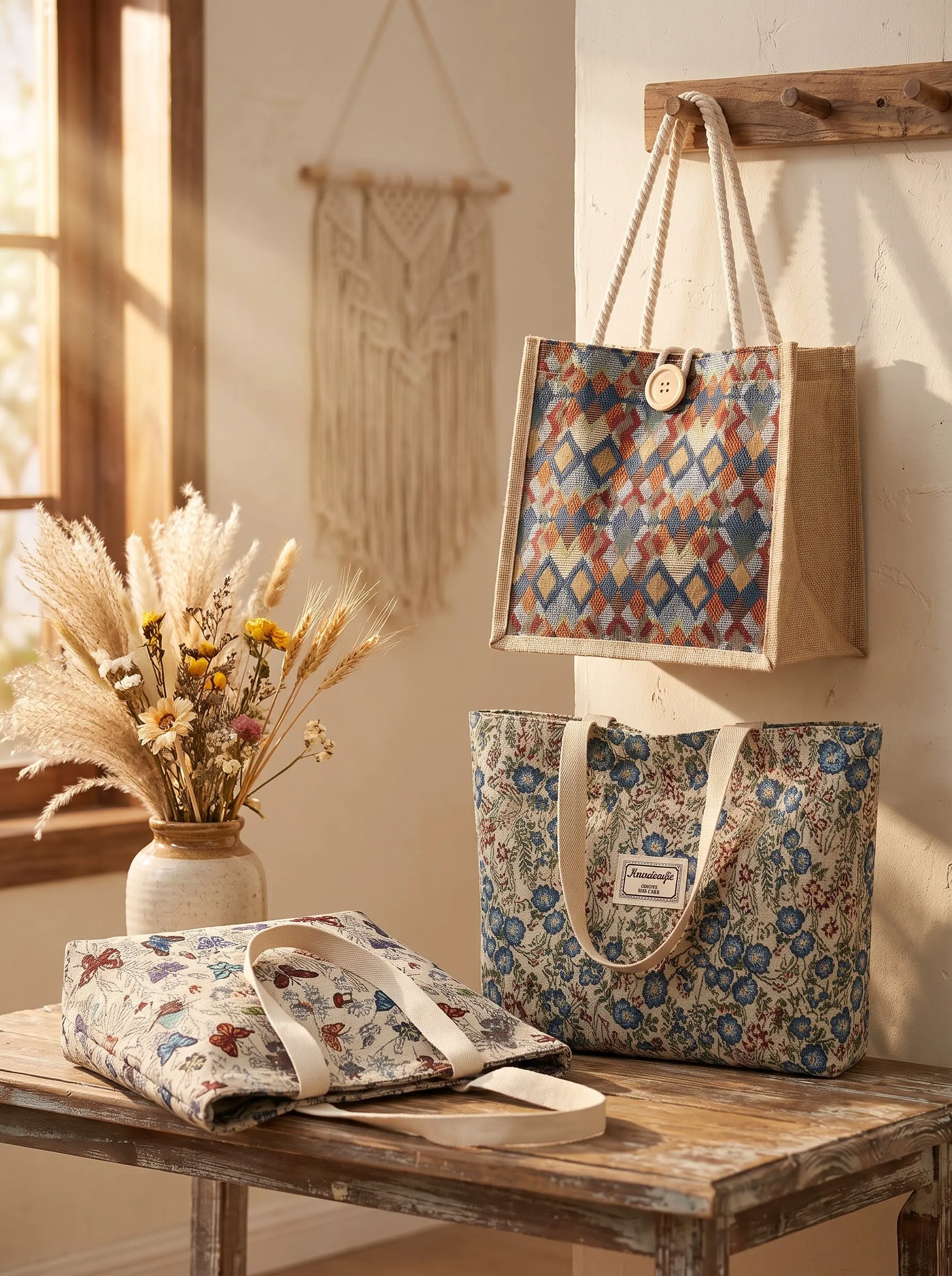 A collection of Willow & Thread woven boho tote and hobo bags on a rustic wooden table with dried flowers and macrame wall hangings
